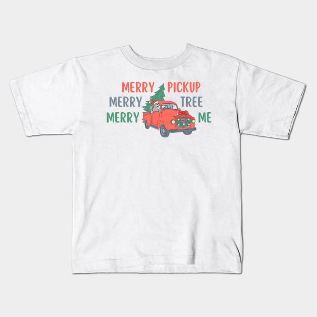 Funny Christmas Skeleton Wearing Santa Hat, Pickup Truck with Tree Kids T-Shirt by TheCloakedOak